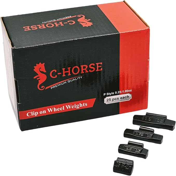 C-HORSE 400Psc Clip On Wheel Weights Black Coated Assortment - 4 Styles (AW, FN, MC, P)- Hammer Type Rim Balancers - 0.25oz, 0.5oz, 0.75oz, 1.0oz - 100Pcs for Each Style, Fits Steel & Aluminum Wheels