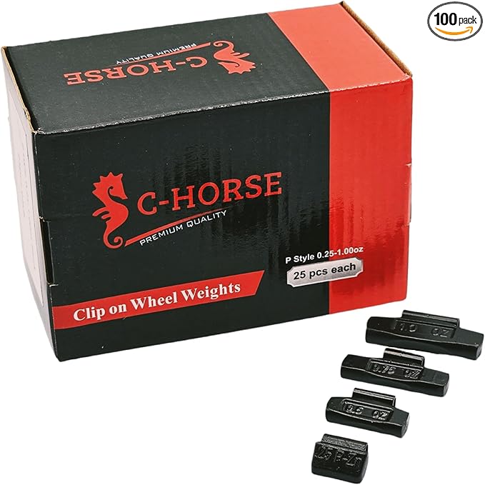 C-HORSE 100Pcs P Series Clip on Wheel Weights Black Coated Assortment for Hammer Type Rim Balancers, 0.25oz, 0.50oz, 0.75oz, 1.0oz, 25pcs for Each Size Fit for Steel Wheel (P Style, 0.25-1)