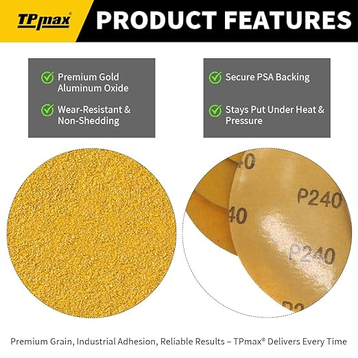 100PCS 5 Inch PSA Sanding Discs 120 Grit | Self-Adhesive Sandpaper Roll for DA Sanders, Orbital Sander | Gold Aluminum Oxide Sticky Back Abrasive Discs for Automotive, Woodworking, and Metal Polishing