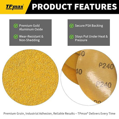 100PCS 5 Inch PSA Sanding Discs 120 Grit | Self-Adhesive Sandpaper Roll for DA Sanders, Orbital Sander | Gold Aluminum Oxide Sticky Back Abrasive Discs for Automotive, Woodworking, and Metal Polishing