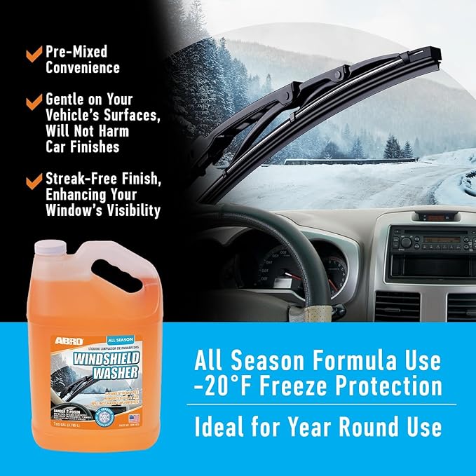 ABRO Car Windshield Washer Fluid: 1 Gallon, All Season/Weather Vehicle Window Cleaner | Streak-Free Clean | Bug and Tar Remover for Cars - 2 Pack