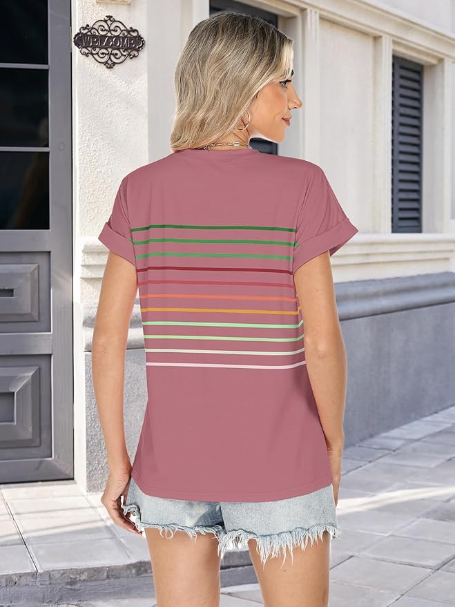 Womens Summer Tops Short Dolman Sleeve Crew Neck Striped Shirts Spring 2026 Fashion Beach Vacation Clothing