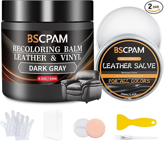 BSCPAM Dark Gray Leather Recoloring Balm with 100ml Mink Oil,Leather Couch Scratch Remover,Leather Repair kit for Vinyl Furniture and Car Interior,Leather Dye Paint,Mink Oil for Leather