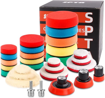 SPTA 29pcs Drill Buffing Pad Detail Polishing Pad Mix Size Kit with 5/8-11 Thread Backing pad & Adapters for Car Sanding, Polishing, Waxing (29Pcs Mini Polishing Pad Set2)