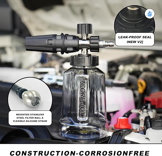 CORE JOY Professional Foam Cannon for Car Wash, Adjustable Spray Nozzle, 1L Soap Bottle