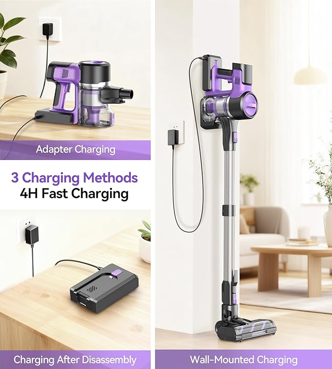 Yassol S10 Cordless Vacuum Cleaner, 55Kpa 60mins Lightweight Stick Vacuum with Powerful Suction for Home, Rechargeable, Self-Standing, Handheld Vacuum Cleaners for Hardwood Floors, Carpets, Purple