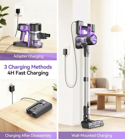 Yassol S10 Cordless Vacuum Cleaner, 55Kpa 60mins Lightweight Stick Vacuum with Powerful Suction for Home, Rechargeable, Self-Standing, Handheld Vacuum Cleaners for Hardwood Floors, Carpets, Purple