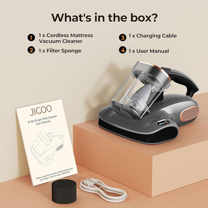 JIGOO Cordless Mattress Vacuum Cleaner with UV-C Light, Bed Vacuum Cleaner with Dust Sensor, Ultrasonic and High Heating, Deep Cleaning Bed Vacuum for Sofa Bed Fabric Surface (S100 Cordless)