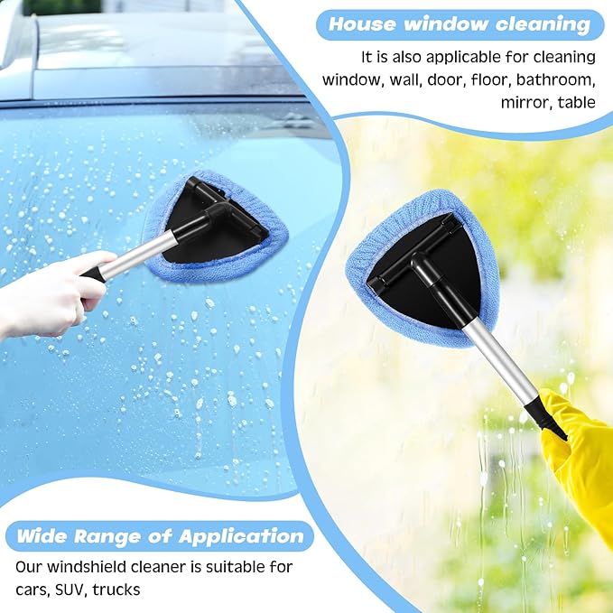 8 Pcs Car Windshield Cleaner Tool Kit with Extendable Handle, Microfiber Towel Pads, Brush, Empty Spray Bottle for Auto Glass Wiper Suvs Rvs & Home Windows(Light Blue)