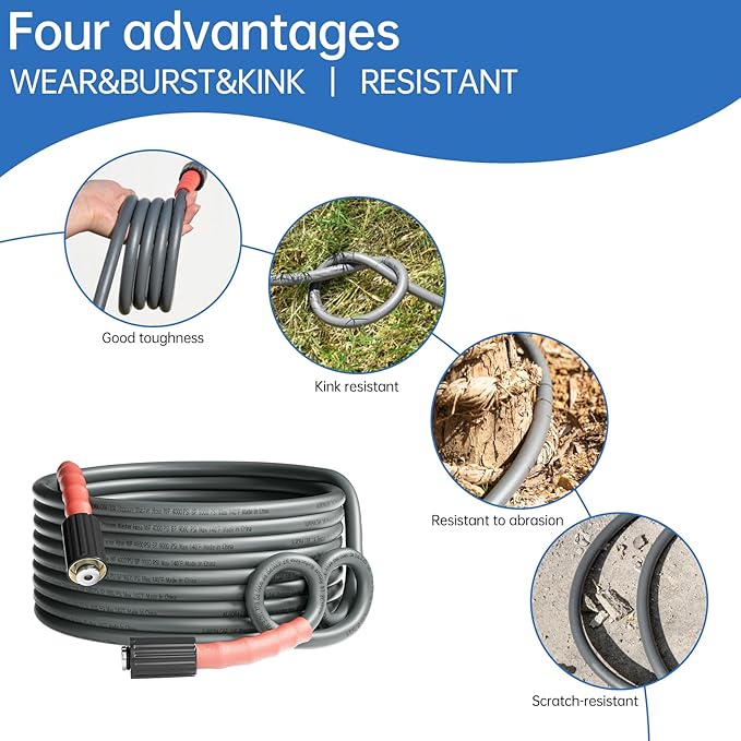 Pressure Washer Hose 25FT 1/4", Kink Resistant Power Washer Hose Compatible with M22 Fittings, Replacement For Most Brand Pressure Washers, 4000 PSI, Grey