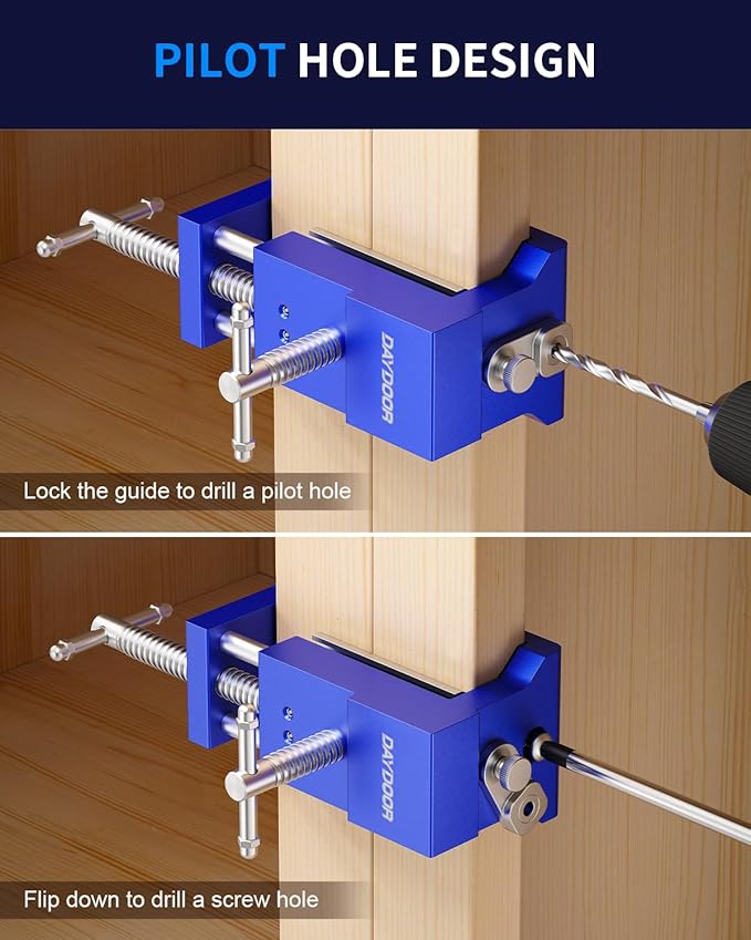 DAYDOOR Professional Cabinet Clamps 4 Pack, Heavy-Duty Cast Steel, Integrated Drill Guide & EVA Protection, Face Frame Alignment Tool for Cabinet Installation & Woodworking, Blue