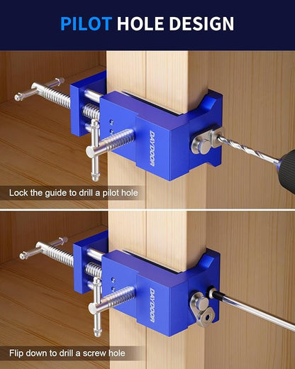 DAYDOOR Professional Cabinet Clamps 4 Pack, Heavy-Duty Cast Steel, Integrated Drill Guide & EVA Protection, Face Frame Alignment Tool for Cabinet Installation & Woodworking, Blue