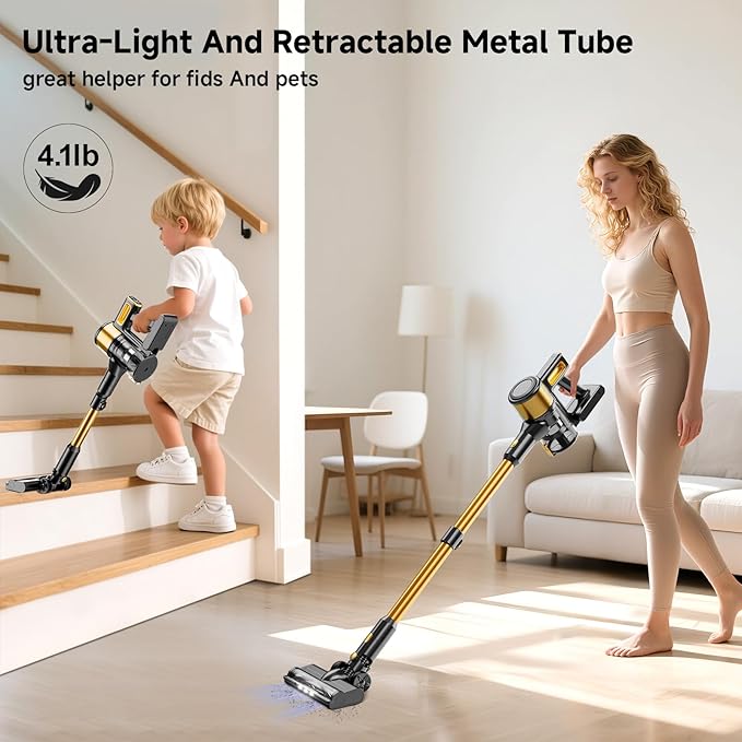 Vaconly Cordless Vacuum Cleaner, 8 in 1 40Kpa 55Mins,Lightweight Vacuum Cleaners for Home, Stick Vacuum with Anti-Tangle Brush,Wall Mount, Rechargeable Cordless Vacuum for Floor/Sofa/Pet Hair,Gold