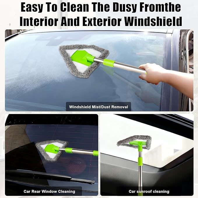 Car Windshield Squeegee Cleaning Tool - Vehicle Window Cleaner with 4 Reusable Washable Microfiber Pads, Telescoping Handle (13" - 16.7"), 180° Rotatable for Both Interior and Exterior Car Glass.