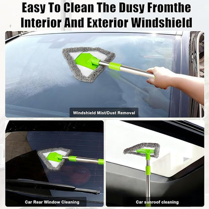 Car Windshield Squeegee Cleaning Tool - Vehicle Window Cleaner with 4 Reusable Washable Microfiber Pads, Telescoping Handle (13" - 16.7"), 180° Rotatable for Both Interior and Exterior Car Glass.