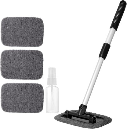 11pcs Windshield Cleaner Tool, Car Window Cleaning Wash Kit with 6 Reusable Microfiber Pads 2 Spray Bottles and Extendable Handles Auto Glass Wiper Kit, Gray