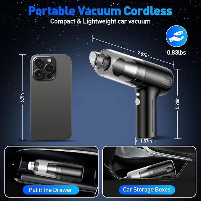 SHLNLI Handheld Car Vacuum Cleaner, 9000Pa Hand Held Vacuum Portable Cordless，2 in 1 Air Duster and Mini Vacuum Cleaner with LED Light, 120W High Power Small Vacuum for Car, Home, Office, Pet（Black）