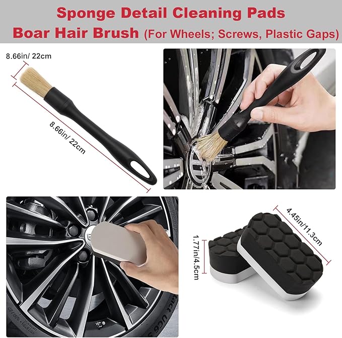 Wuqazu 8PCS All-in-One Wheel & Tire Cleaning Kit - 360° Flexible Synthetic Wool Rim Brush, 2 Dual-Hardness Brushes, Dressing Pads & Storage Bag | Scratch-Free for All Vehicles