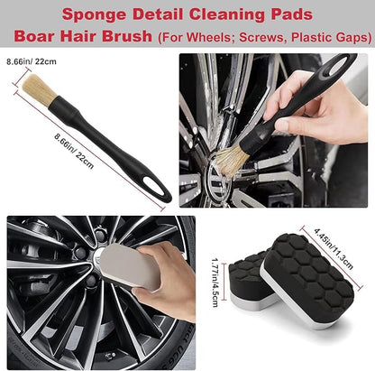 Wuqazu 8PCS All-in-One Wheel & Tire Cleaning Kit - 360° Flexible Synthetic Wool Rim Brush, 2 Dual-Hardness Brushes, Dressing Pads & Storage Bag | Scratch-Free for All Vehicles