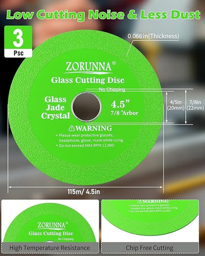 ZORUNNA Glass Cutting Disc for 4-1/2" Angle Grinder, 3 Pack Glass Cutter Blade, Green Diamond Cutting Blade Disc 7/8" (Model 115/125) for Grinding Ceramic, Tile, Wine Bottles, Jade, Crystal.