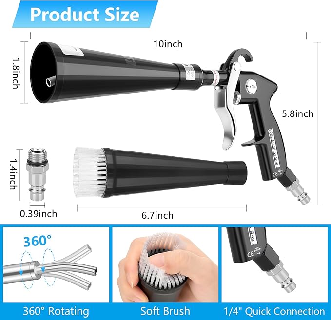 MYPIN Car Cleaning Gun, 6-9.2Bar/0.6Mpa-0.9Mpa, High Pressure Air Blow Gun with 2 Set Nozzle, Interior Car Cleaning for Vehicle Upholstery Carpet Seat