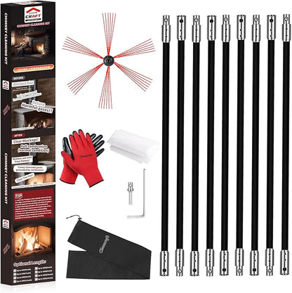 Cleancraft 30 Feet Chimney Sweep Kit, Chimney Cleaning Kit with 9 Flexible Black Chimney Rods, Chimney Brush for Sweeping Fireplace, Rotary Chimney Cleaning System Driven by Drill