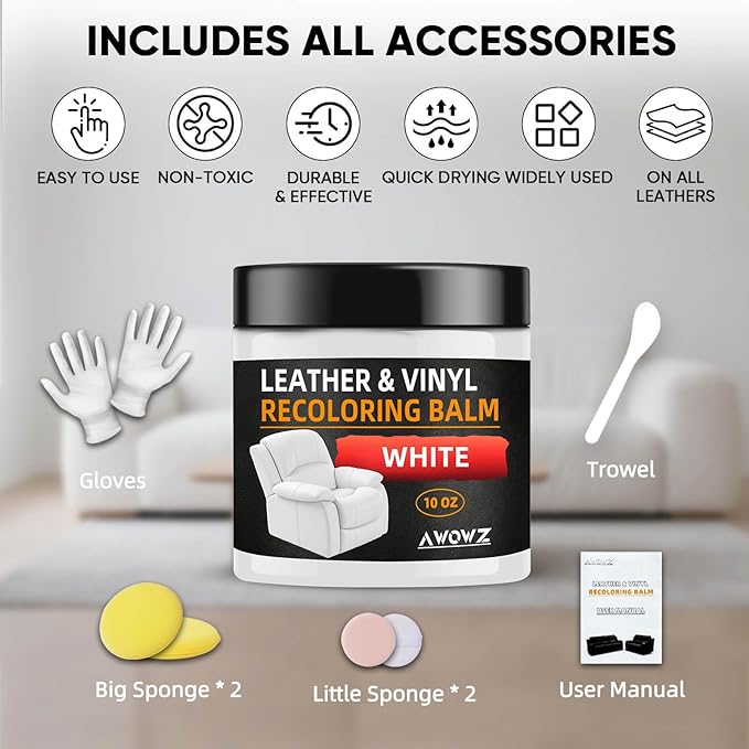AWOWZ Leather Recoloring Balm - Scratch Repair & Color Restore Kit for Faded Leather, Leather Couch & Car Seats - 10OZ Leather Restorer Balm for Furniture, Auto Interior, Vinyl, Accessories (White)