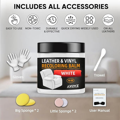 AWOWZ Leather Recoloring Balm - Scratch Repair & Color Restore Kit for Faded Leather, Leather Couch & Car Seats - 10OZ Leather Restorer Balm for Furniture, Auto Interior, Vinyl, Accessories (White)