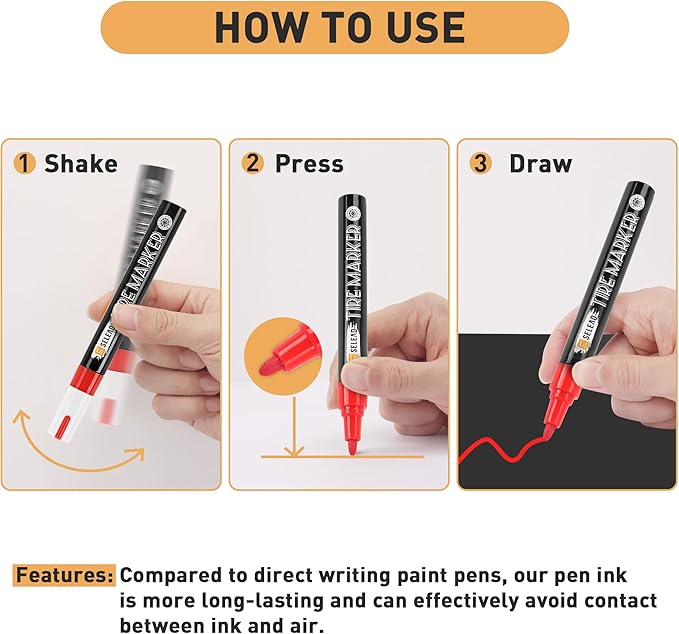 SELEAD Tire Marker White Red - 8 Pack Paint Pens for Car Tires Lettering, Premium Professional Oil Based Ink, Waterproof Quick Drying Non-Fading Permanent Markers