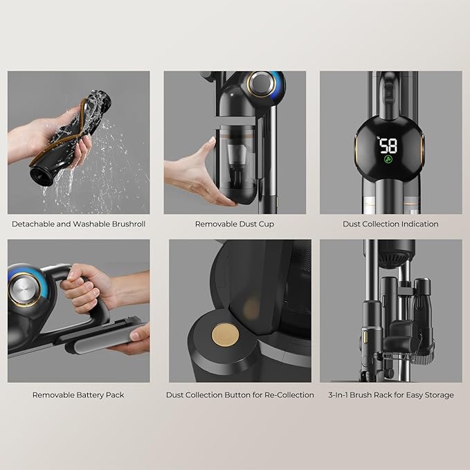 JIGOO Cordless Vacuum Cleaner 33Kpa 480W Ultra Strong Suction Stick Vacuum Cordless Rechargeable 55 Minutes Runtime with LED Headlight Portable Vacuum Cleaner for Floors, Pet Hair (V700)