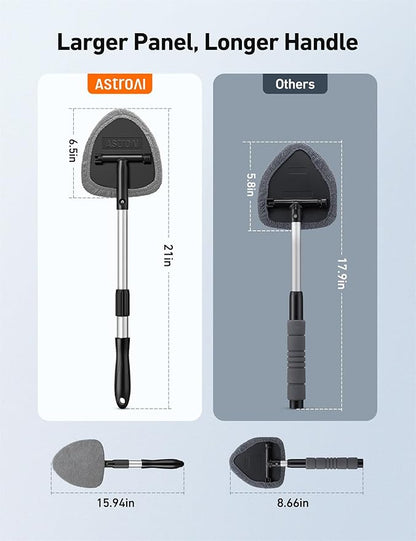 AstroAI Windshield Cleaning Tool, Car Window Cleaner Windshield Cleaner with 8 Reusable and Washable Microfiber Pads and Extendable Handle Auto Inside Glass Wiper Kit, Gray, 2 Pack