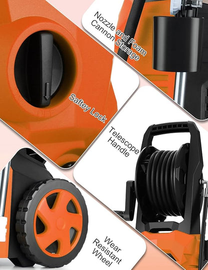 Power Cleaner 5000 PSI with 33FT Hose, 4 Nozzles for Car/Patio Cleaning(Orange)