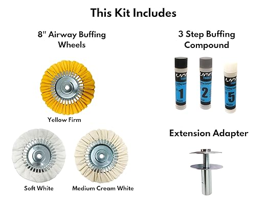 LINE10 Tools 8-inch Airway Buffing Wheel Kit with Three-Step Compound and Angle Grinder Buffer Extension Adapter for Polishing Hard Metals