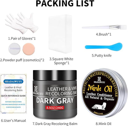 SHADAIWUYU 8.5oz Leather Recoloring Balm with 100ml Mink Oil,Dark Gray Leather Repair kit for Furniture and Car Interior,Leather Couch Scratch Repair,Leather Dye Paint,Mink Oil for Leather