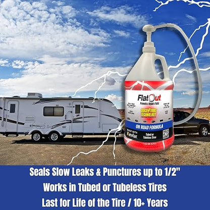 FlatOut QuickStrike On Road Tire Sealant - New Formula - Prevents Flat Tires - Seals Leaks - Contains Kevlar - Tubeless Tire Sealant - 1 Gallon + Tool