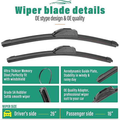 26" 16" 13" Windshield Wiper Blades Replacement for Honda CRV CR-V 2012 2013 2014 2015 2016 Premium All Weather Front Rear Wipers Set - OEM Quality (Pack of 3)