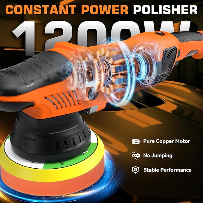 Protmex 1200W Car Buffer Polisher - 6 Inch Dual Action Polisher w/Constant Power - 6 Variable Speed 2500-6000RPM Orbital Polisher -Comfortable Grip Car Wax Buffer Polisher for Car Detailing Polishing