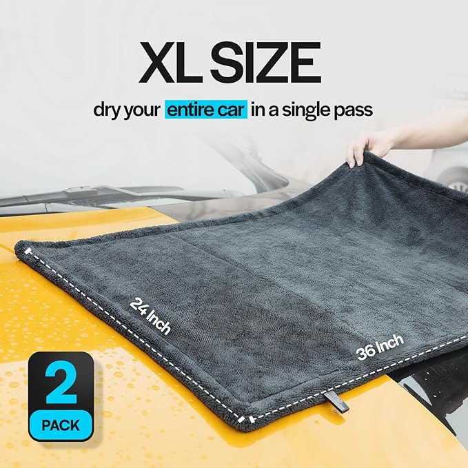 Crystal Clean 1300GSM Microfiber Towels for Cars – XL Drying Towel with Double Twisted Loop, Professional Detailing Towel Car Detailers - Quick Dry, Paint Safe & Swirl-Free (2 Pack Grey)