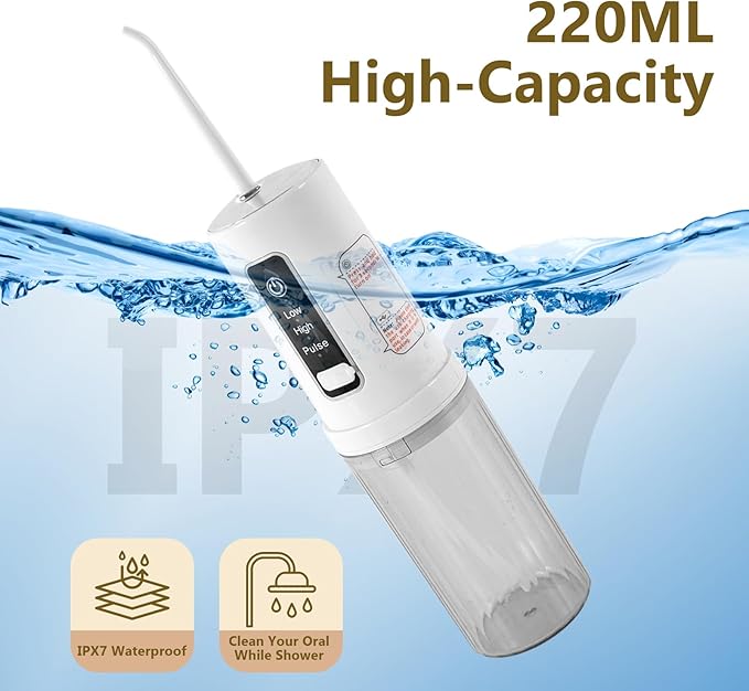 Rechargeable Cordless Water Flosser - 220ML Tank Portable Water Pick with IPX7 Waterproof & USB Rechargeable,3 Pressure Modes, 4 Nozzles for Travel 2-3H Fast Charge & 20-30 Days Long Battery Life