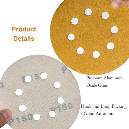 Aiyard 5-Inch 8-Hole Hook and Loop Sanding Discs 150-Grit Random Orbit Sandpaper, 100-Pack