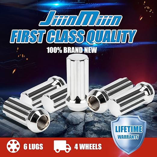 JiiinMiiin 24pcs M14x2.0 Lug Nuts Chrome with 7 Spline Tuner, 14x2 Locking Lugnut 2 inch Length with 1 Socket Key, 60 Degree Conical/Cone Bulge Seat Closed End