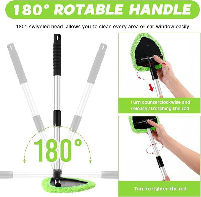 8 Pcs Car Windshield Cleaner Tool Kit with Extendable Handle, Microfiber Towel Pads, Brush, Empty Spray Bottle for Auto Glass Wiper Suvs Rvs & Home Windows (Green)