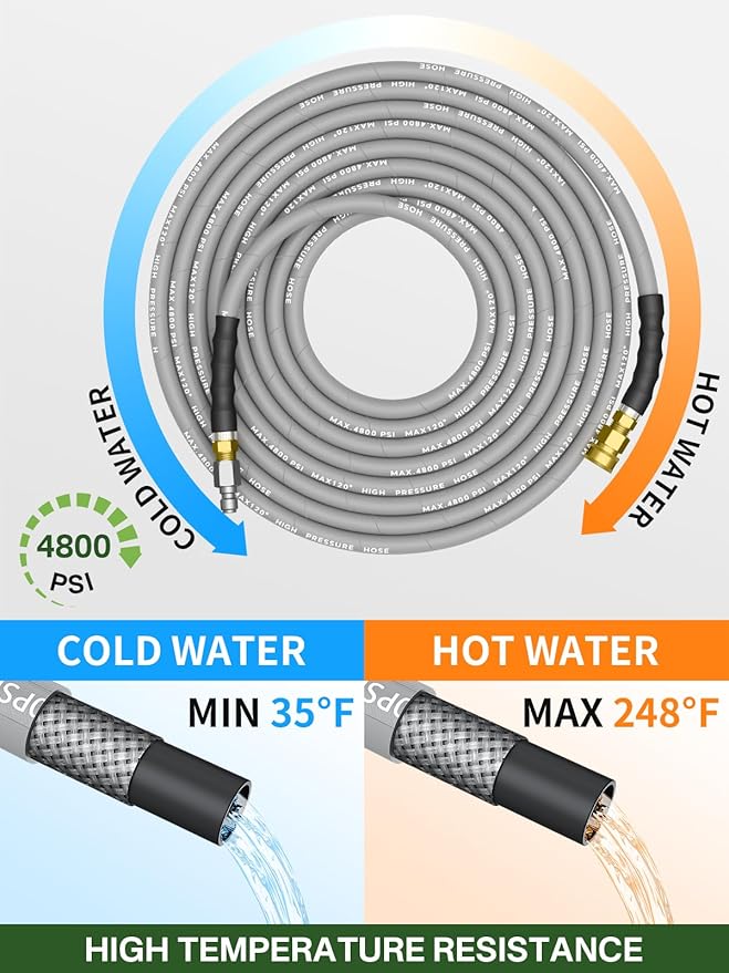 3/8" 4800PSI Pressure Washer Hose 50FT with Swivel Quick Connect for Cold/Hot Water Max 248°F, Kink Resistant Steel Wire Braided, Wear Resistant Power Washer Hose with M22 14mm Adapter