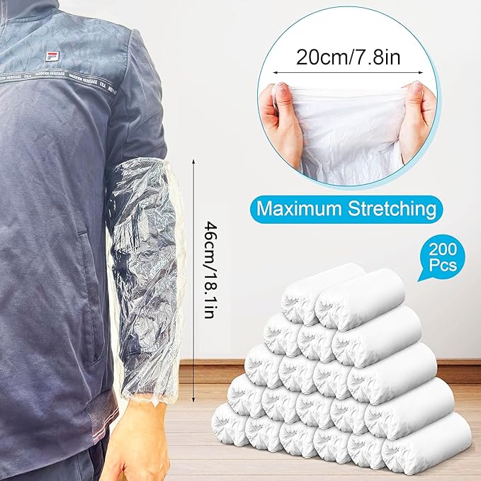FIPASEN Disposable Oversleeves Covers, 200PCS Plastic Arm Sleeves Covers for Painting Repairing Cleaning Tattooing - Clear