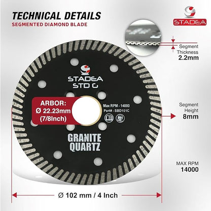 Stadea SBD111C Diamond Saw Blade 4-Inch Continuous Turbo Dry Cutting - Cuts Granite Quartz Quartzite, Fits Grinder, Saw Cutter, 8 MM Segments - Pack of 5