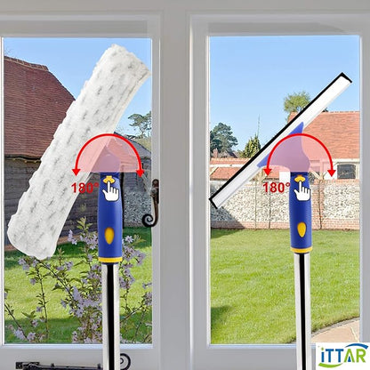 ITTAR Rotatable Window Washing Kit, Window Cleaner Squeegee with 60" Extension Pole, Rubber Squeegee & 2 Microfiber Scrubber Combo, Window Washing Equipment for Cleaning Shower, Windows, Car Glass