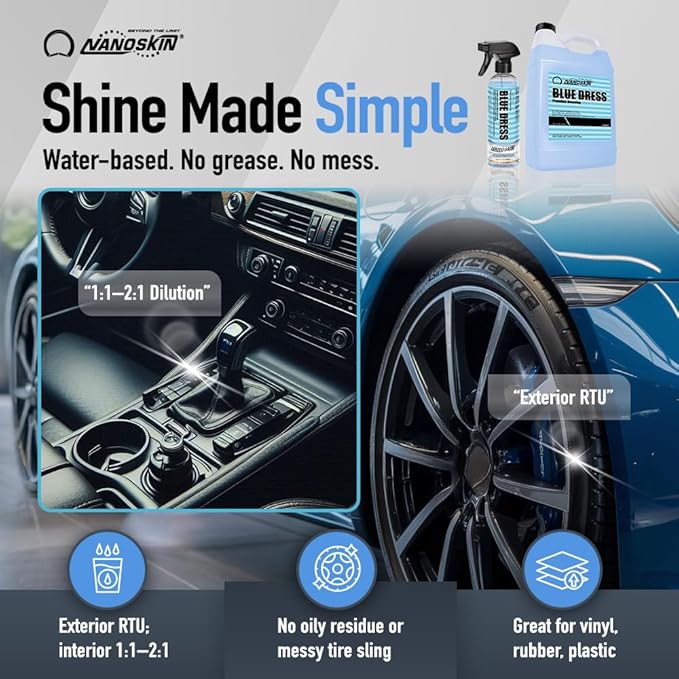 Nanoskin BLUE DRESS Premium Dressing 55 Gallons- Sprayable Interior & Exterior Dressing for Car Detailing | Works on Tire, Vinyl, Rubber, Plastic & Trim| Safe for Cars, Trucks, Motorcycles, RVs & More