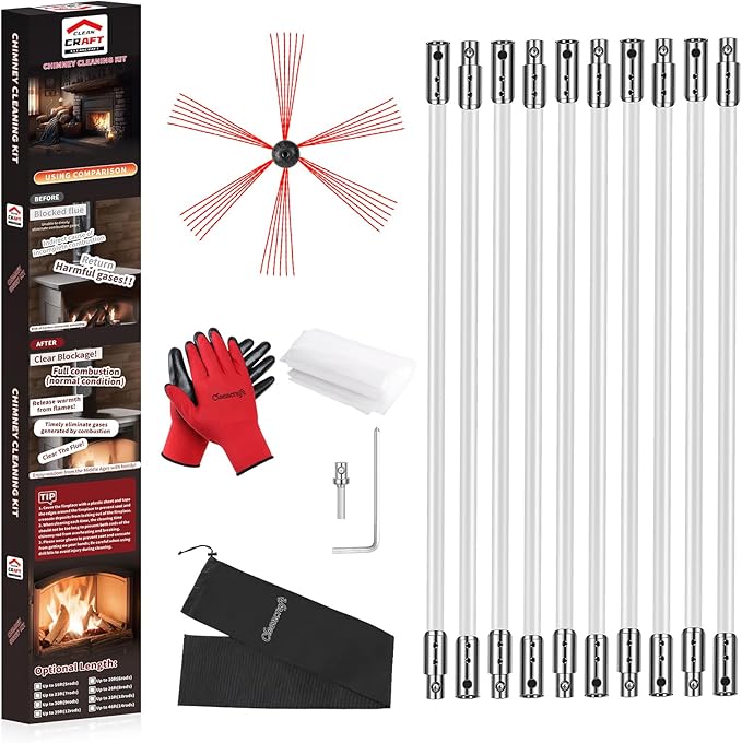 Cleancraft Chimney Sweep Kit - 33 Feet, 10 Flexible Rods, Brush & Drill-Driven Rotary System