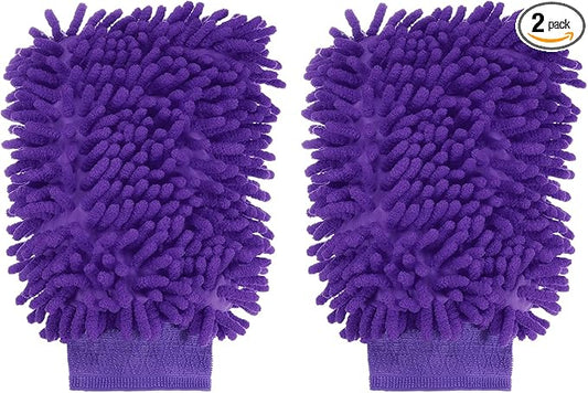 HARFINGTON 2pcs Chenille Microfiber Car Wash Mitts 9.8" x 7.9" Scratch Free Wash Gloves Absorbent Double Sided Plush Cleaning Drying Mitts for Car Washing Home Purple
