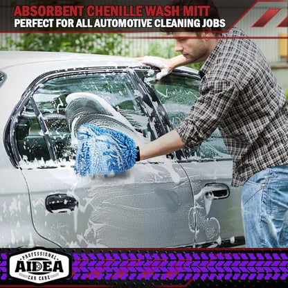 AIDEA Car Wash Mitt Microfiber-2PK, Scratch-Free& Lint-Free, Premium Chenille Microfiber Wash Mitt-Blue Regular Size (7.12''X10.14'')